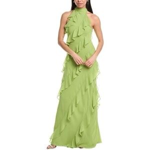 NWT Mikael Aghal Lime Green Ruffle Halter Maxi Dress